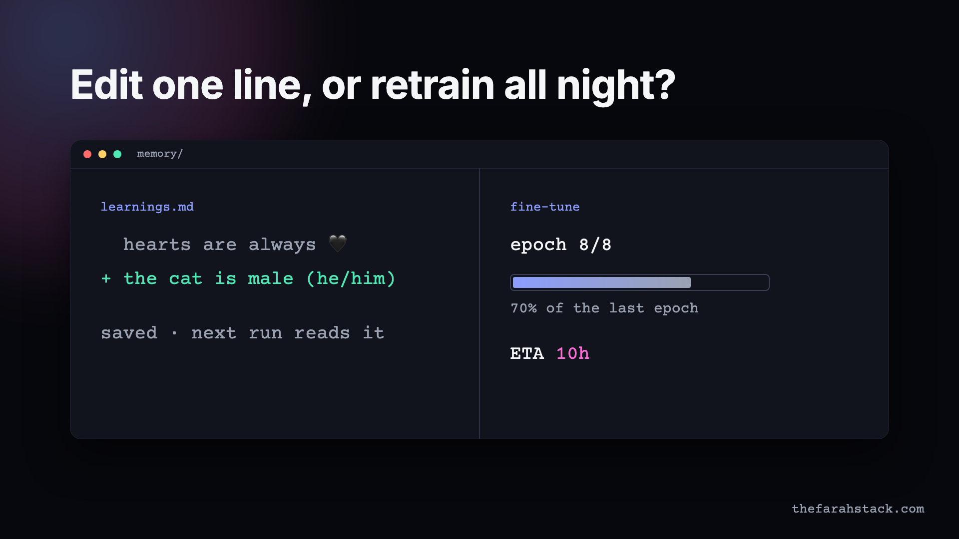 Edit one line, or retrain all night? A one-line change to learnings.md next to a fine-tune with ten hours to go