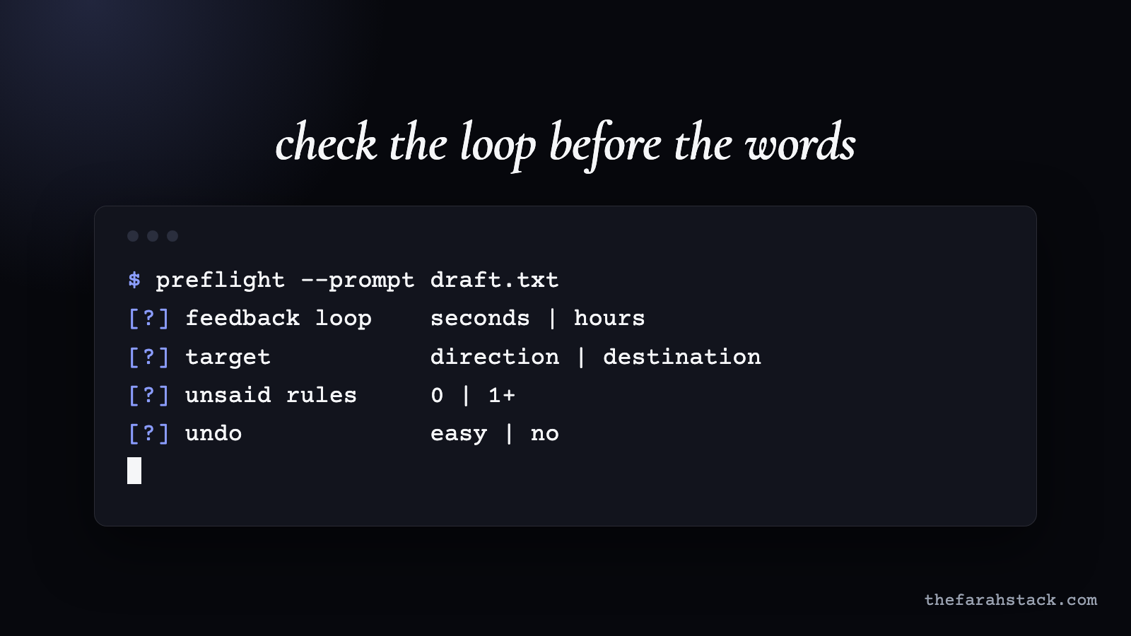 A fake preflight check on a prompt with four questions