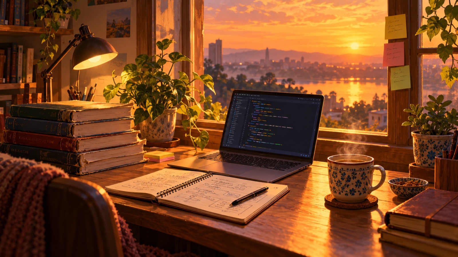 A desk at golden hour with old textbooks, a new notebook and a laptop